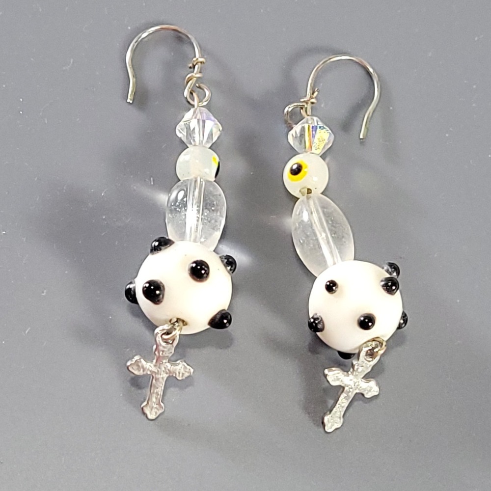 Handmade Beaded Cross Drop‎ Earrings Womens White Black Evil Eye Religious